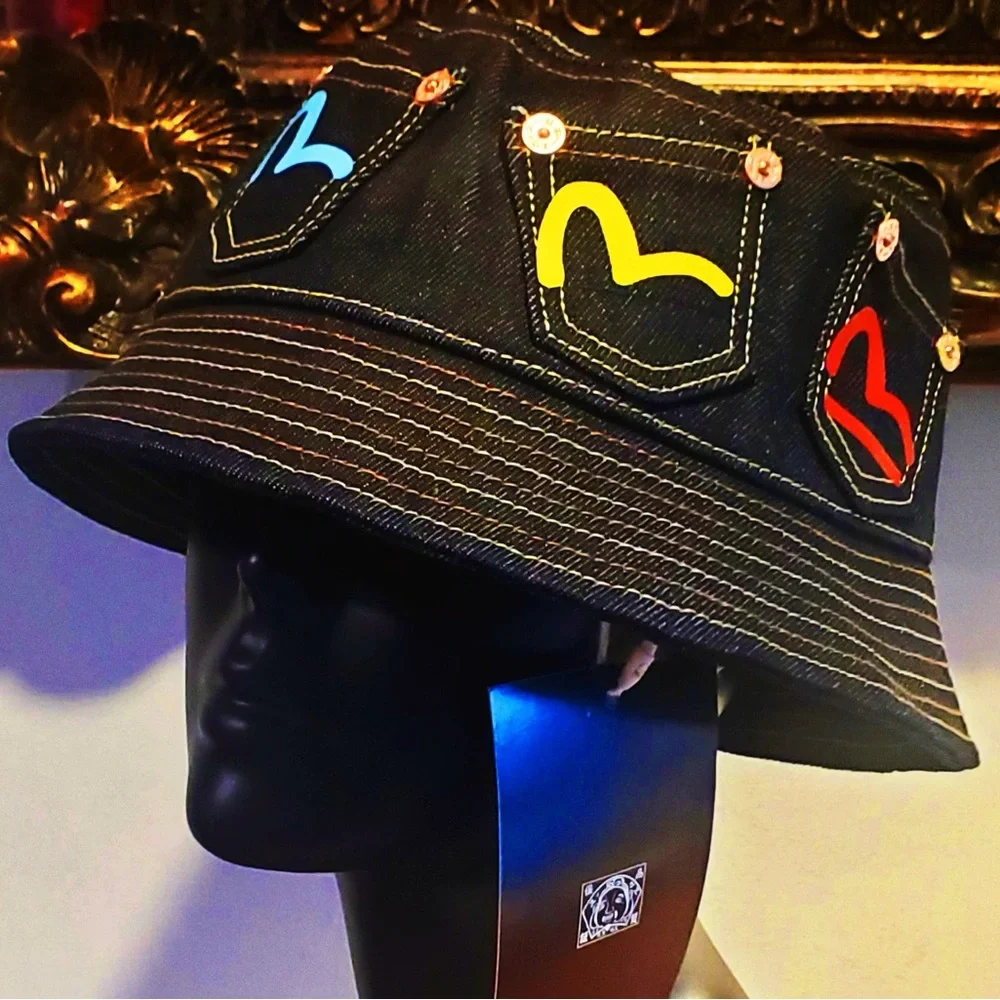 Evisu Multi-color Seagull Print Multi-Pockets Denim Bucket Hat NWT w Bag - Picture 3 of 9